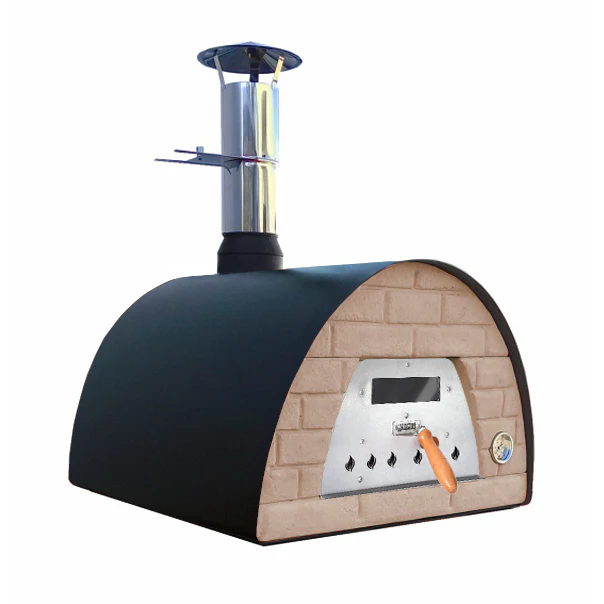 Mobiler Holzbackofen Veloce 70 in Schwarz mit Ziegelfront in Terracotta-Optik