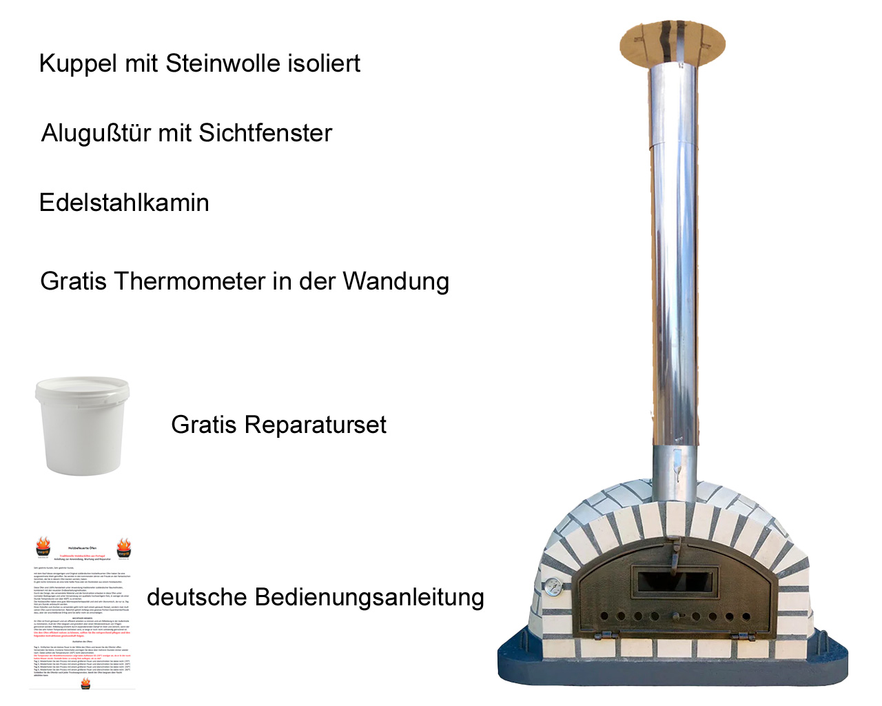 Holzbackofen Terminillo AL 110 mit Übersicht zu Steinwolle-Isolierung, Alugußtür, Edelstahlkamin, Thermometer und Reparaturset