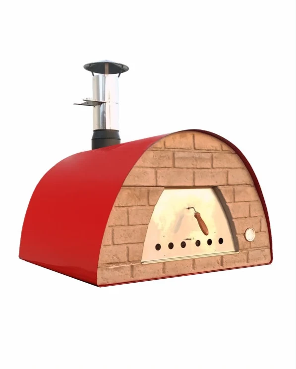 Roter Maximus Prime Holzbackofen mit sichtbarer linker Seitenfläche, Steinfront, Ofentür, Thermometer und Edelstahlkamin.