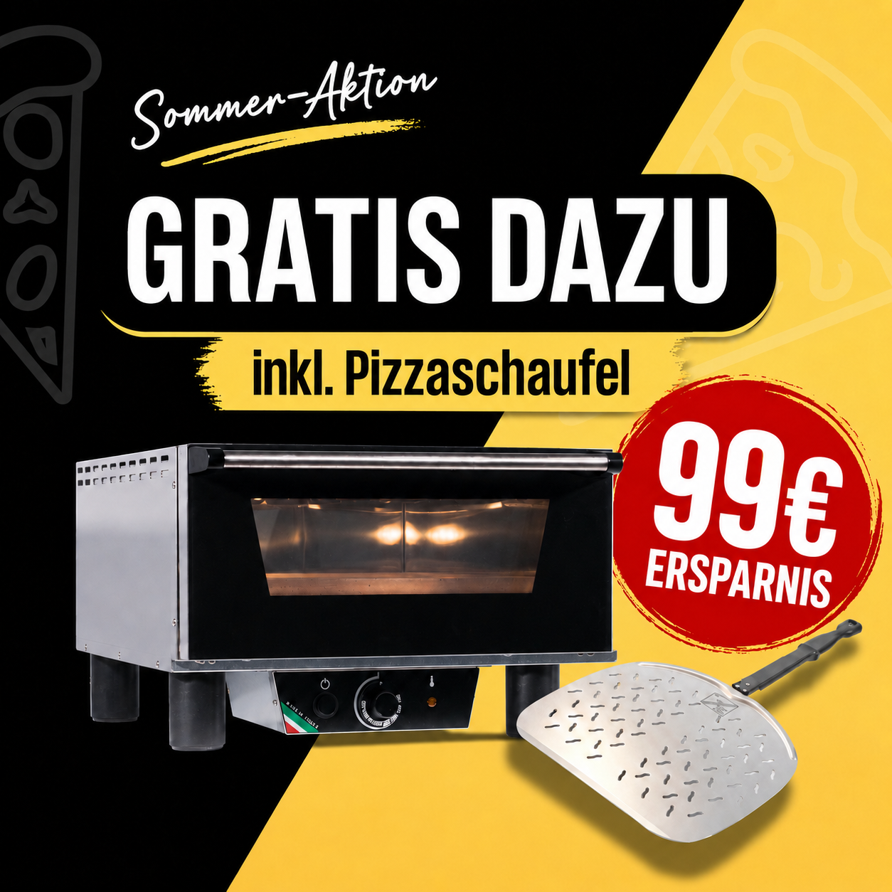 Werbebild zur EffeUno-Sommeraktion für den EffeOvens N3 Pizzaofen mit Gratiszubehör und 99 Euro Ersparnis.