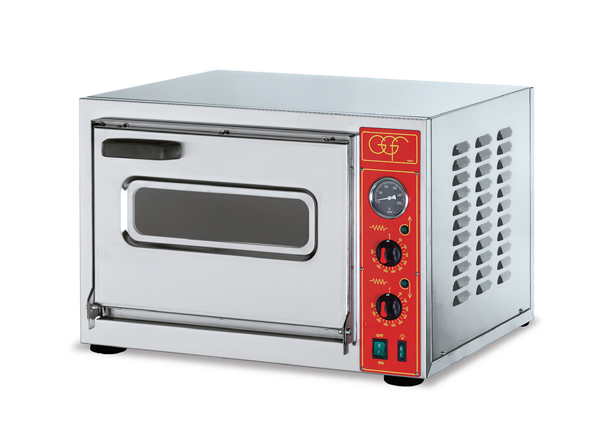 Elektrischer GGF Pizzaofen mit 22 cm hoher Backkammer, Edelstahlgehäuse, Sichtfenster sowie separater Regelung für Ober- und Unterhitze.