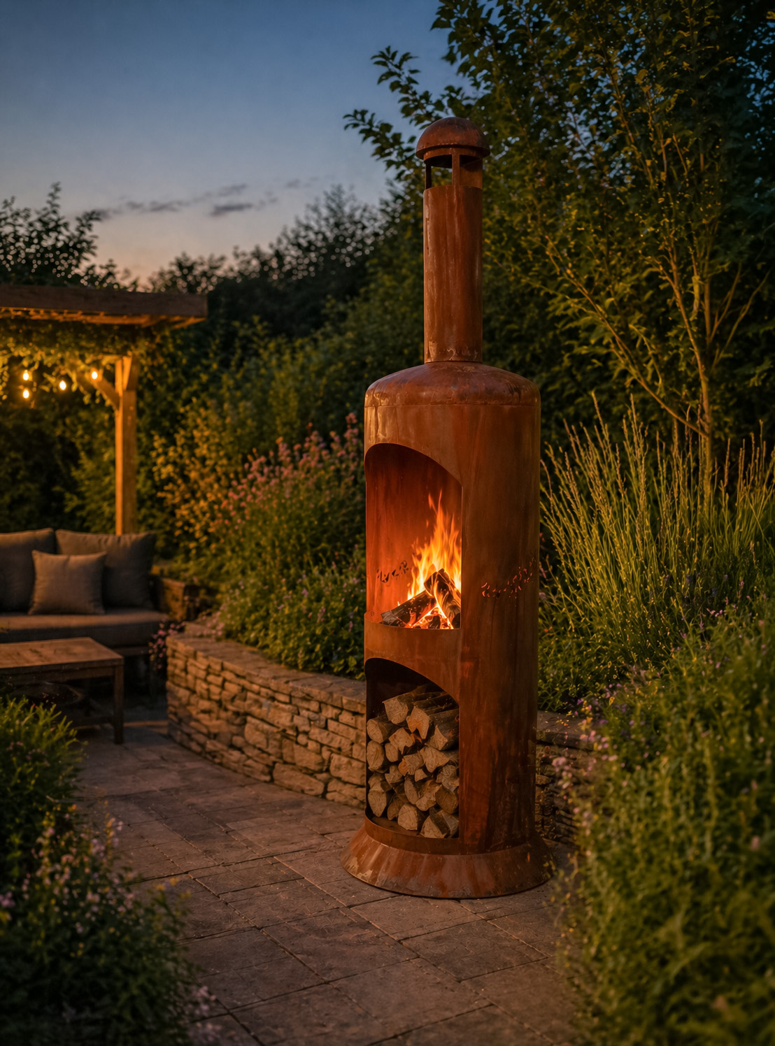 Gartenofen Schweden aus Edelrost mit sichtbarem Feuer und warmem Flammenspiel