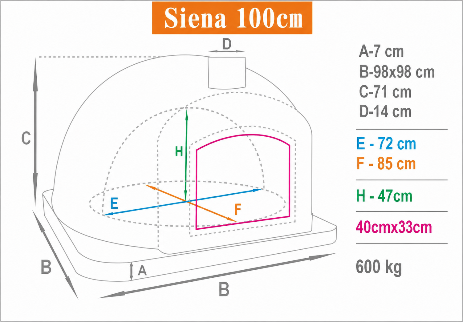Maßzeichnung des Holzbackofens Siena AL 100 mit Außenmaßen, Innenmaßen, Türmaß und Gewicht