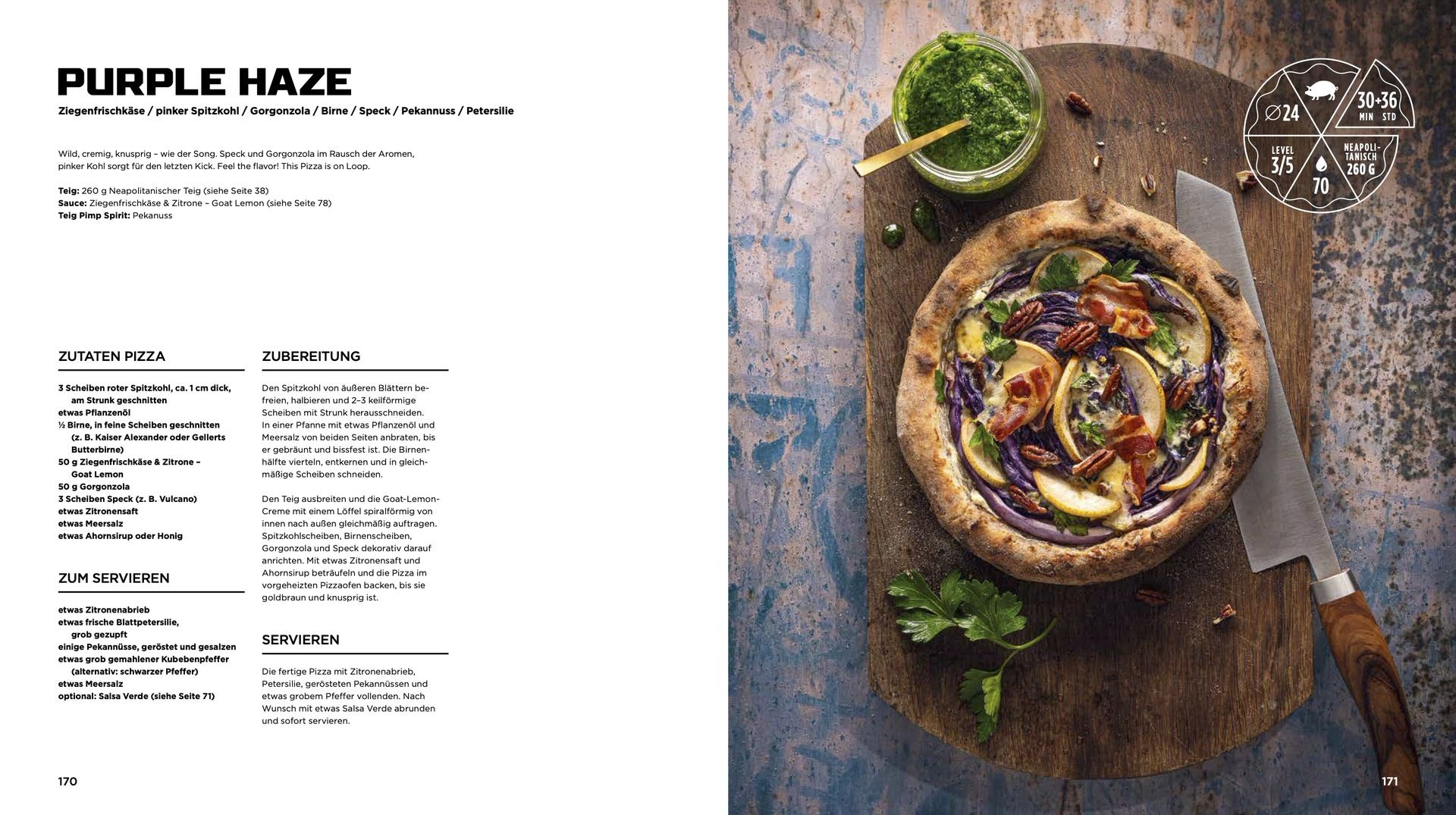 Rezeptseite für die Pizza „Purple Haze“ mit Zutaten, Zubereitung und Foto der fertigen Pizza