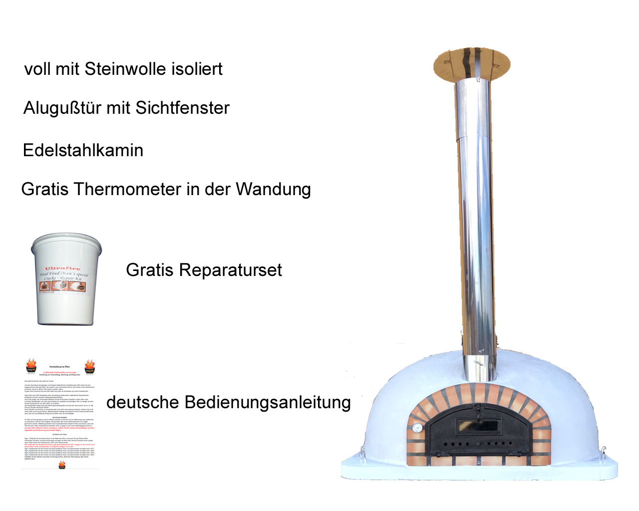 Holzbackofen Pizzaioli AL mit Edelstahlkamin mit Regenhut, Wandthermometer und reparset für Haarrisse