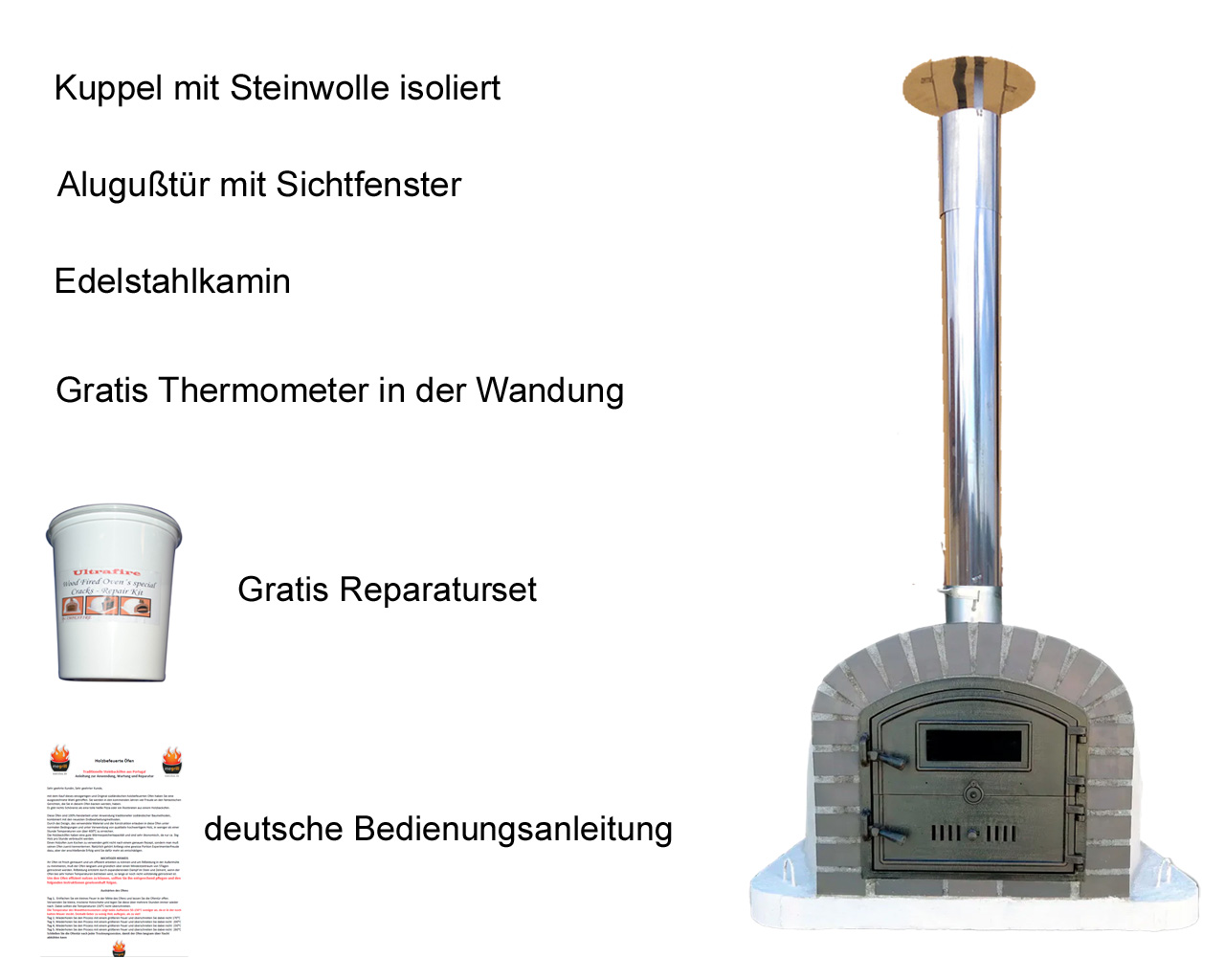 Holzbackofen Firenze AL mit Übersicht zu Steinwolle-Isolierung, Alugußtür, Edelstahlkamin, Thermometer, Reparaturmörtel und deutscher Bedienungsanleitung