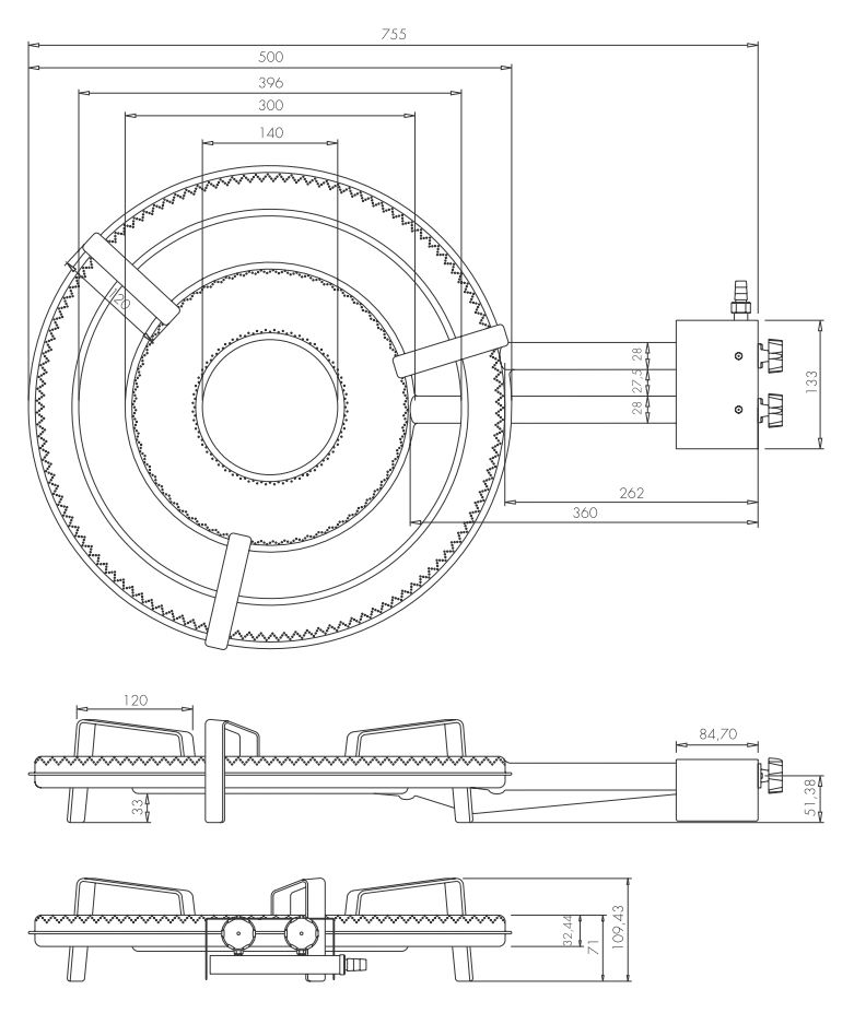 technische Zeichnung Paellabrenner T500