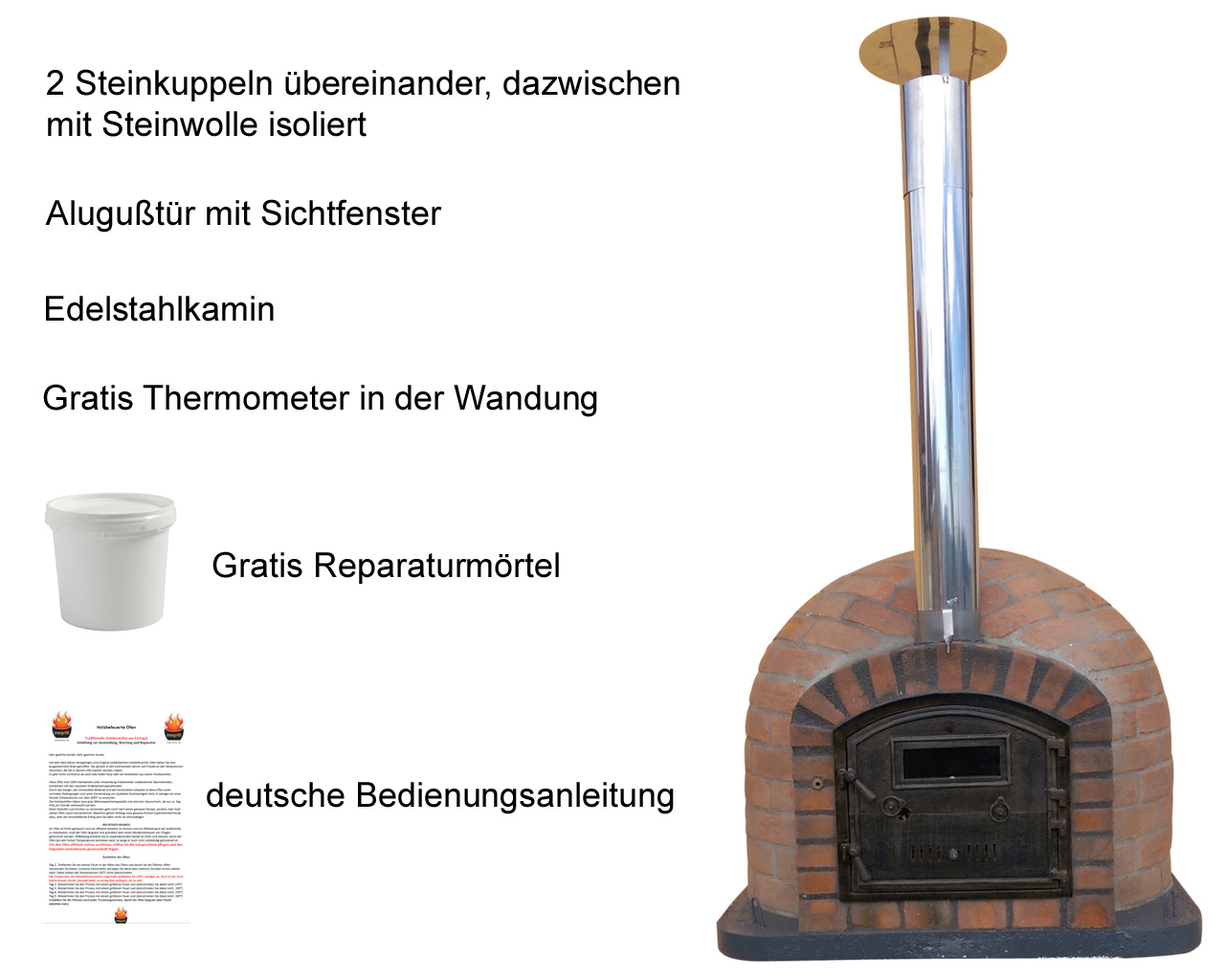 Steinbackofen Rustic AL 110 mit Aluminiumgusstür, Edelstahl-Kaminrohr, Wandthermometer, Reparaturmörtel und deutschsprachiger Anleitung