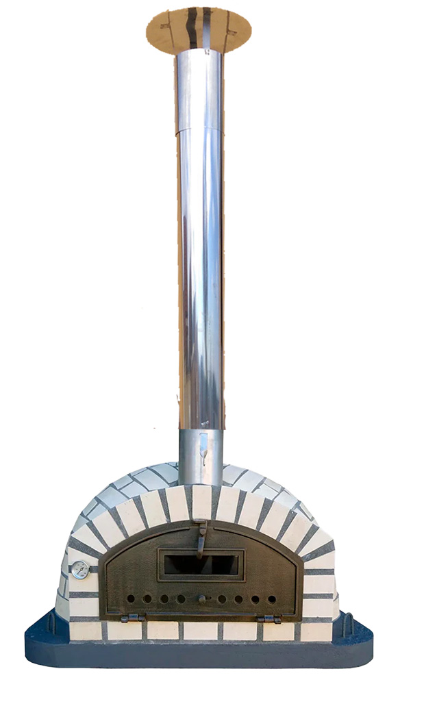 Holzbackofen Terminillo AL 110 mit heller Steinoptik, Alugußtür und Edelstahlkamin