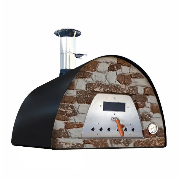 Mobiler Holzbackofen Veloce 100 in Schwarz mit Natursteinfront für Garten und Terrasse