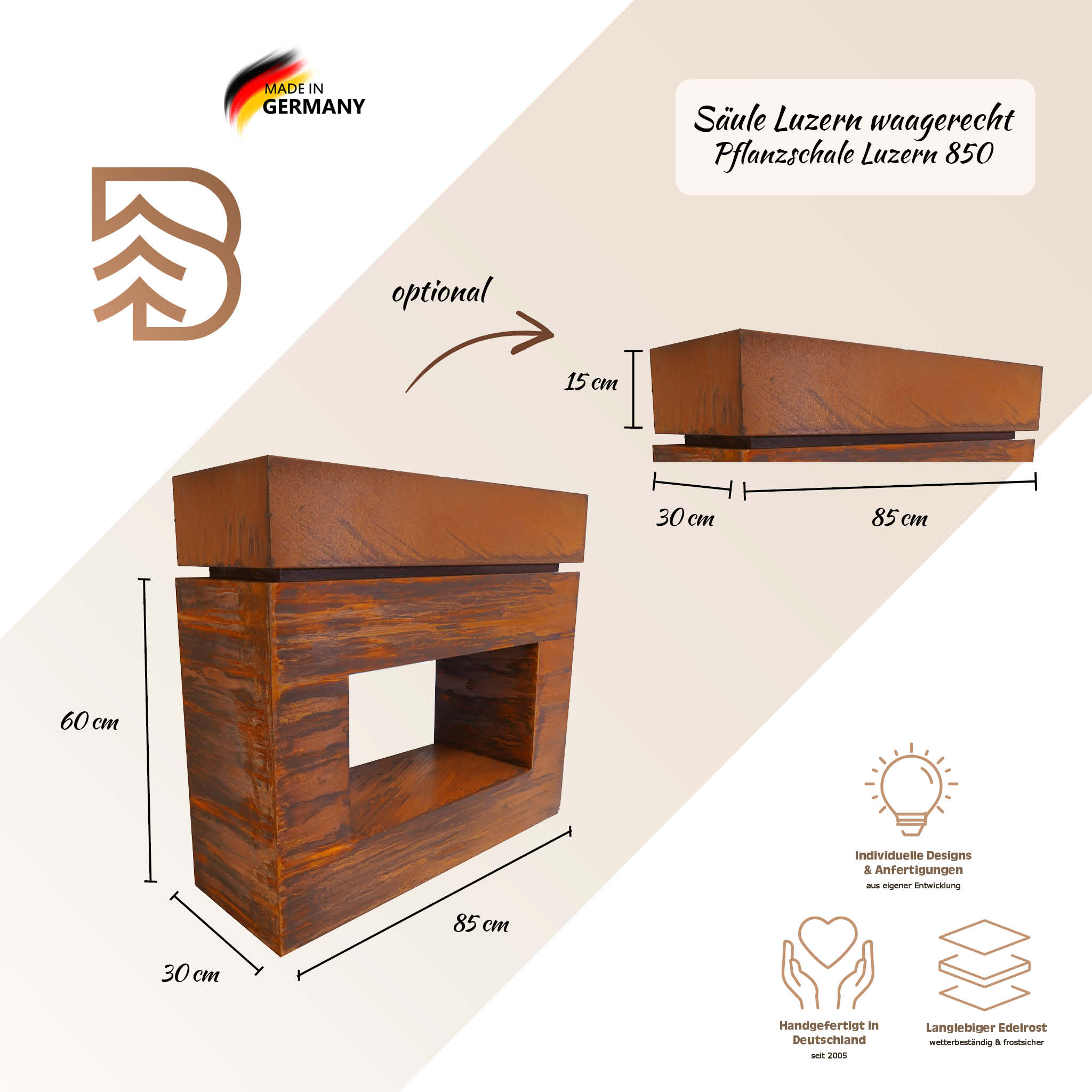 Pflanzsäule Luzern aus Edelrost liegend mit Maßangaben 85 x 60 x 30 cm und Pflanzschale